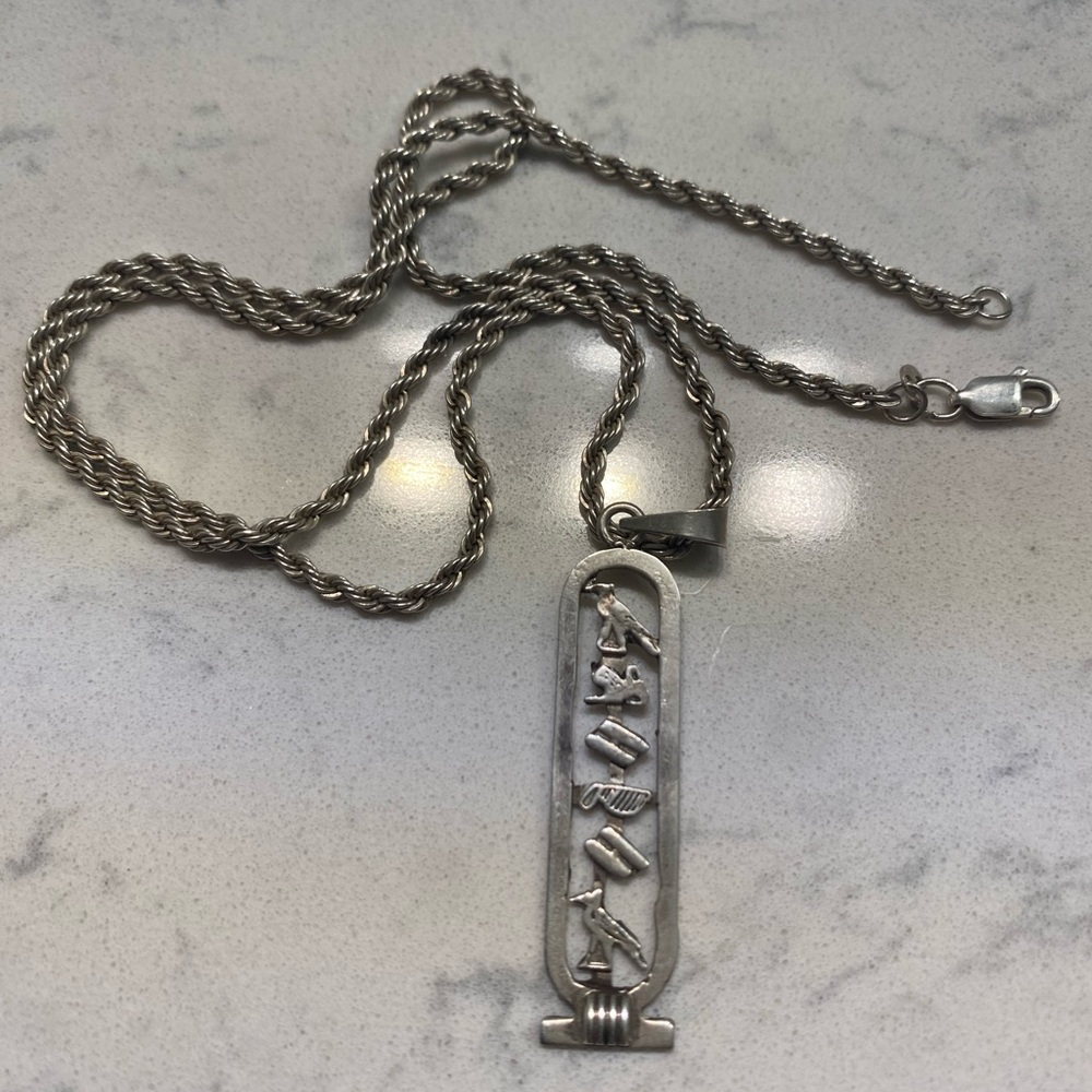 Vintage Sterling Silver Hieroglyphic Pendant Necklace